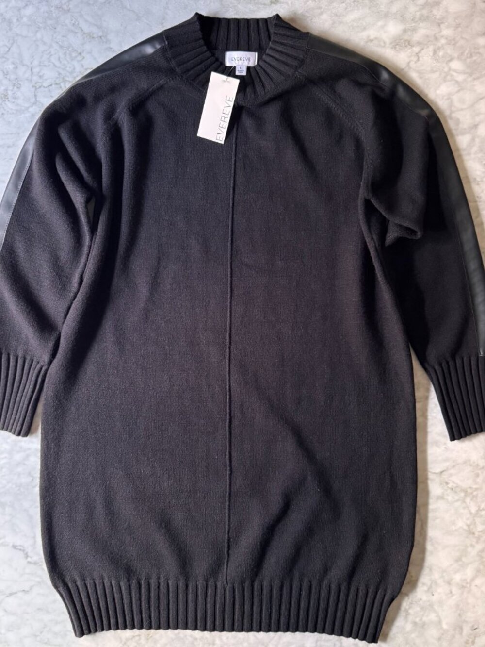 Evereve Harlow Knit Sweater Dress Black Faux Leather Sleeve Stripe Size L NEW - Picture 8 of 9